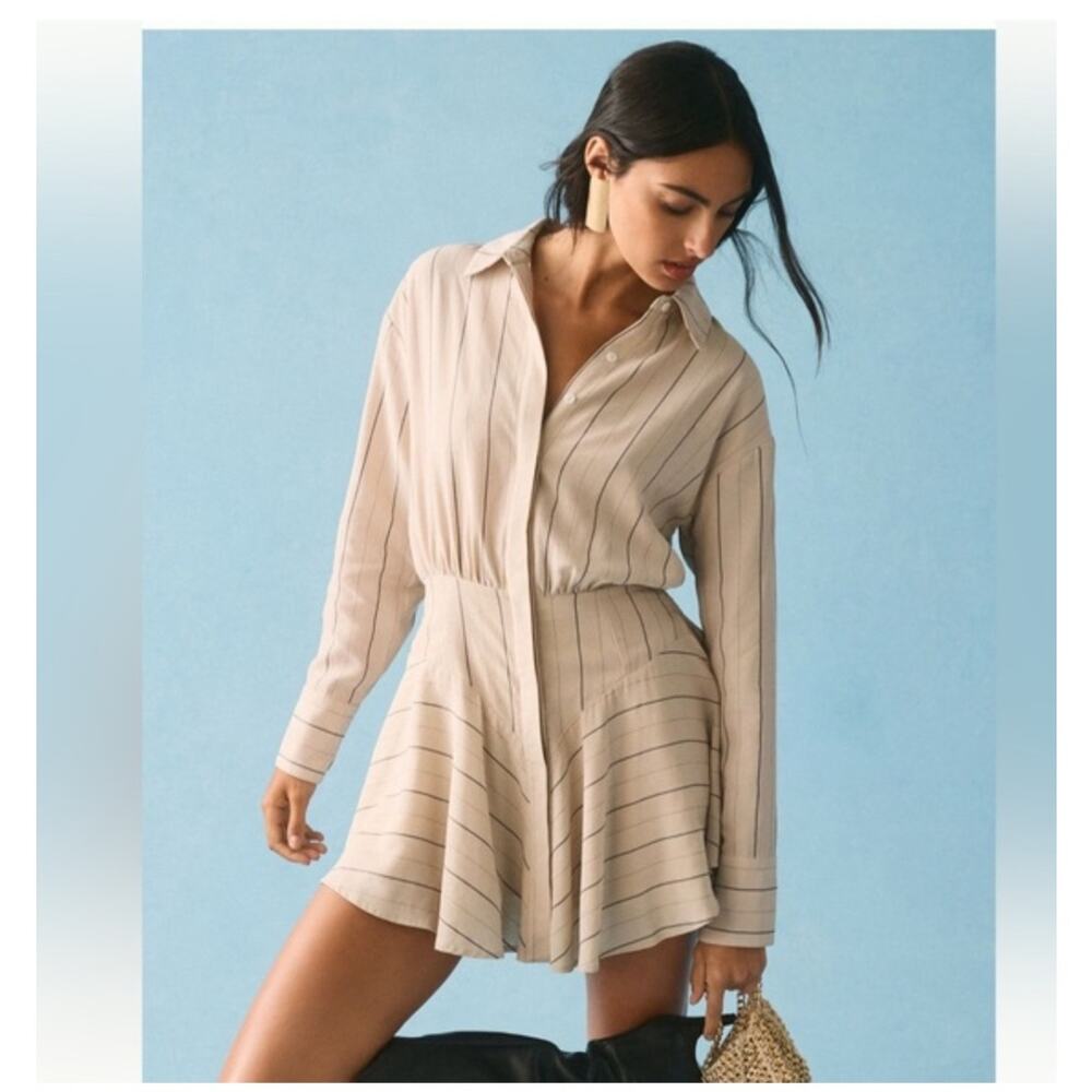 Møn Renn Anthropologie Fitted Waist Striped Mini Shirt Dress L
